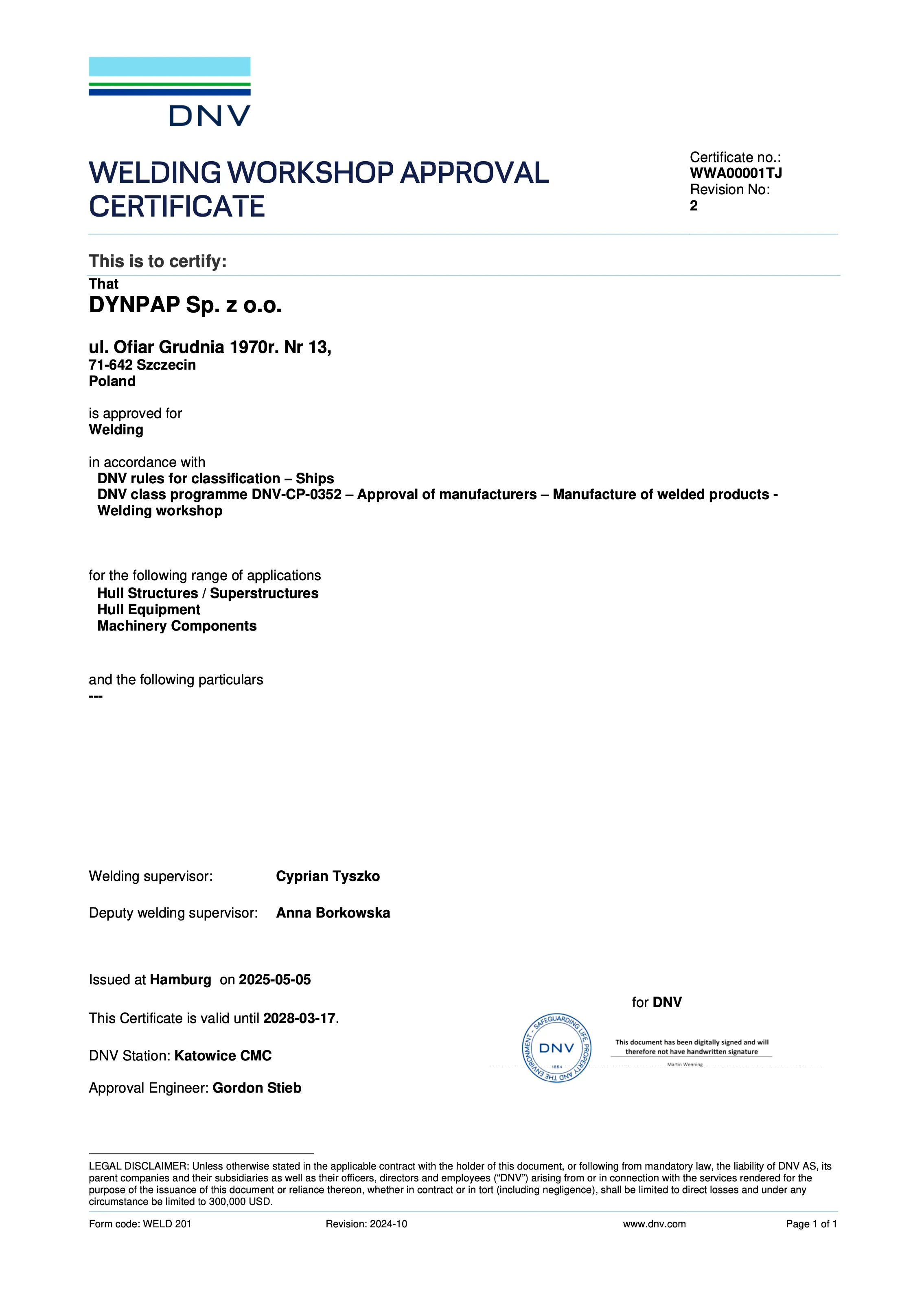 Certyfikat zgodności z normą DNV-CP-0352