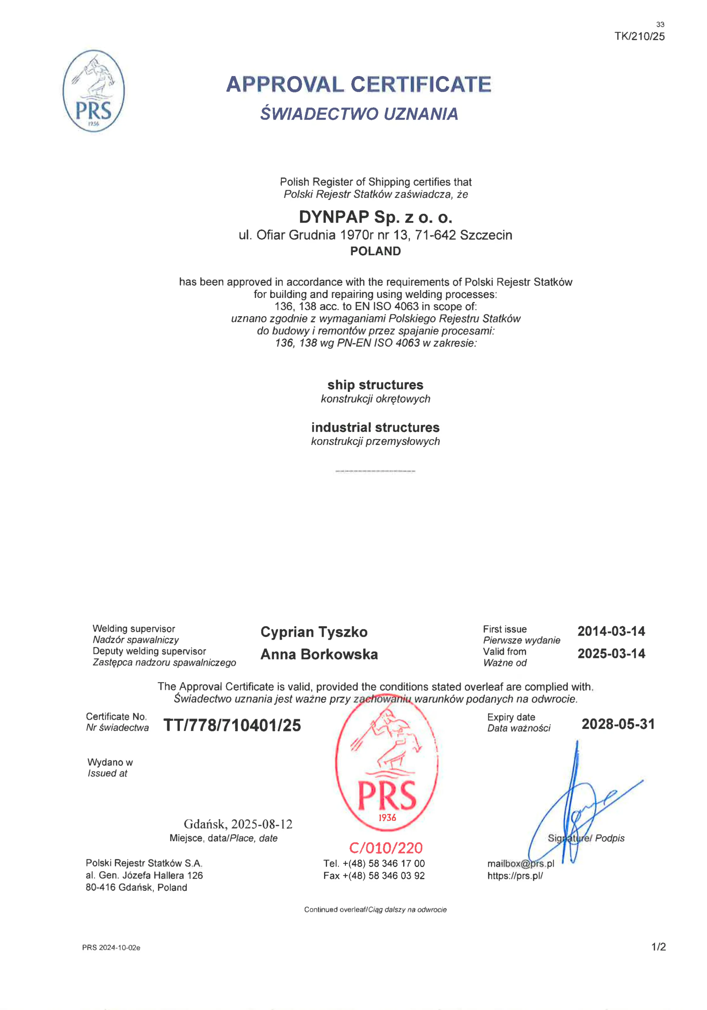 Certyfikat zgodności z wymaganiami PRS dla budowy i remontów konstrukcji okrętowych i przemysłowych