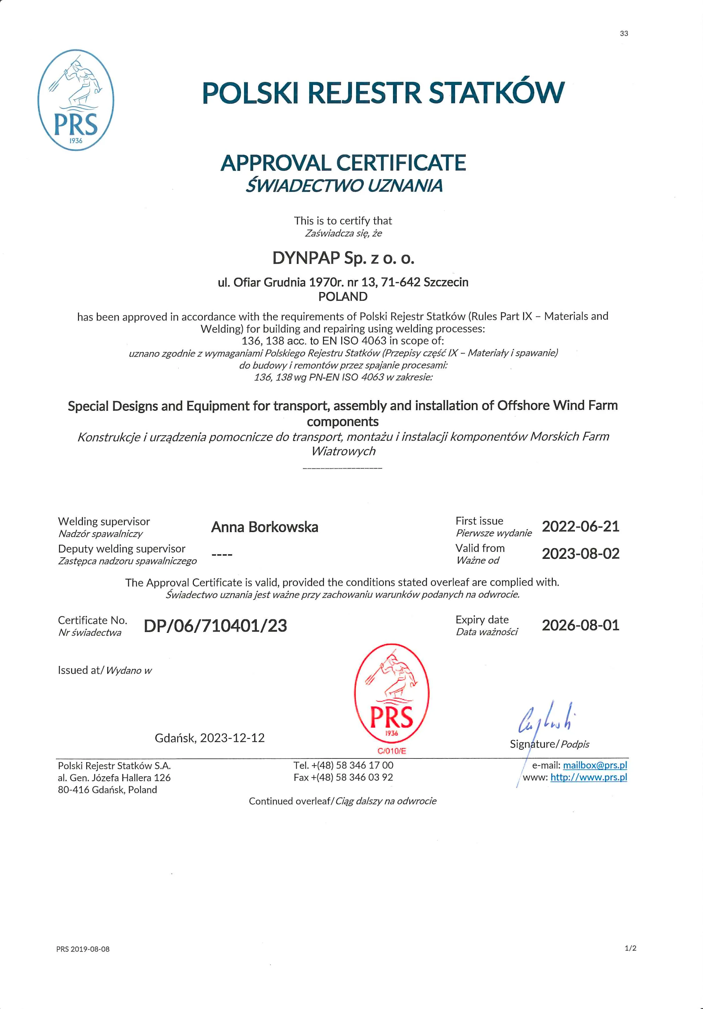 Certyfikat zgodności z wymaganiami PRS dla produkcji komponentów morskich farm wiatrowych