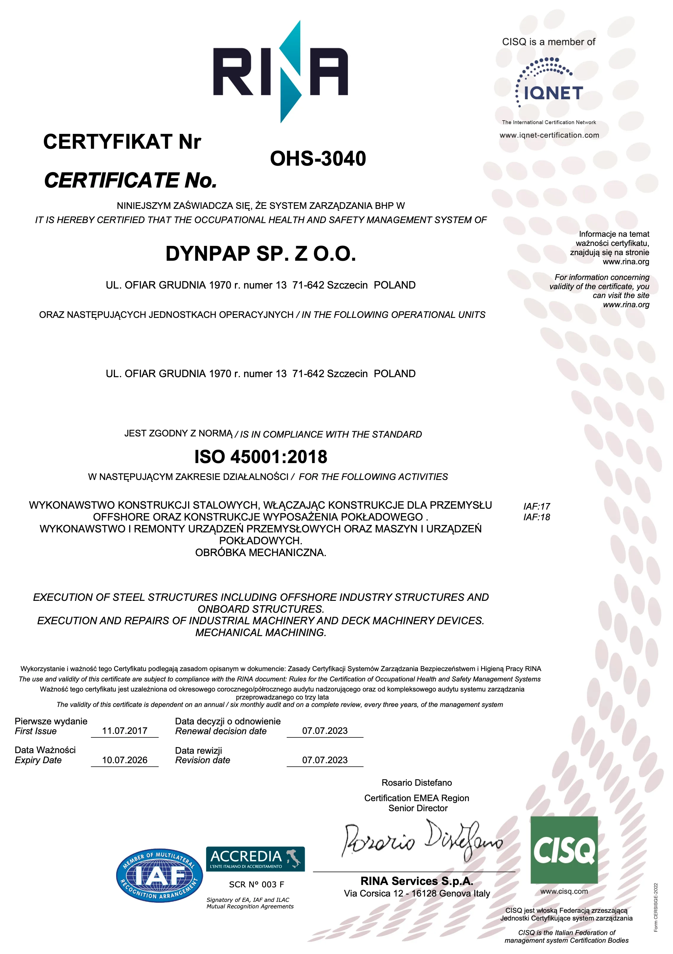 Certyfikat zgodności systemu zarządzania BHP z normą ISO 45001:2018