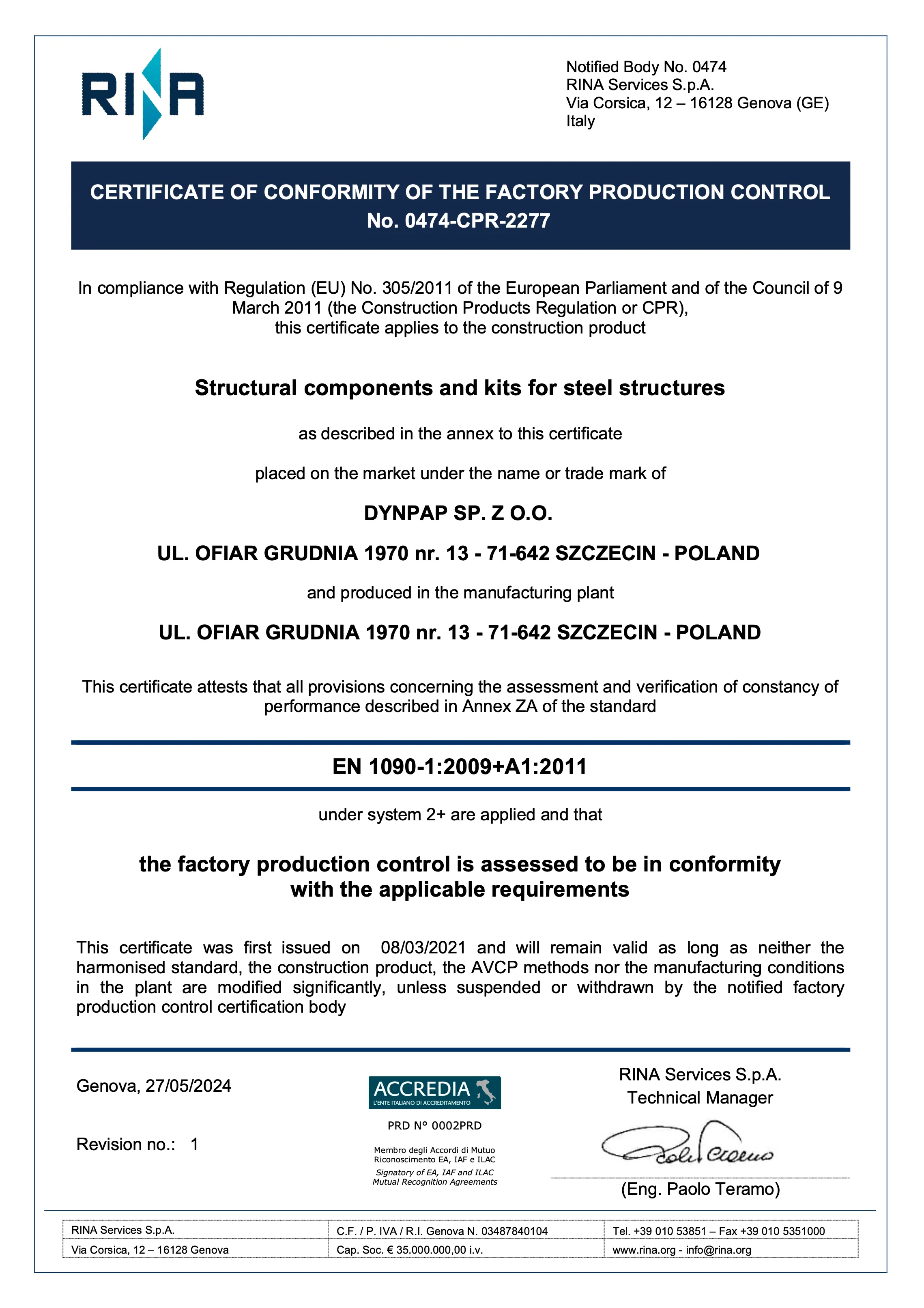 Certyfikat zgodności zakładowej kontroli produkcji