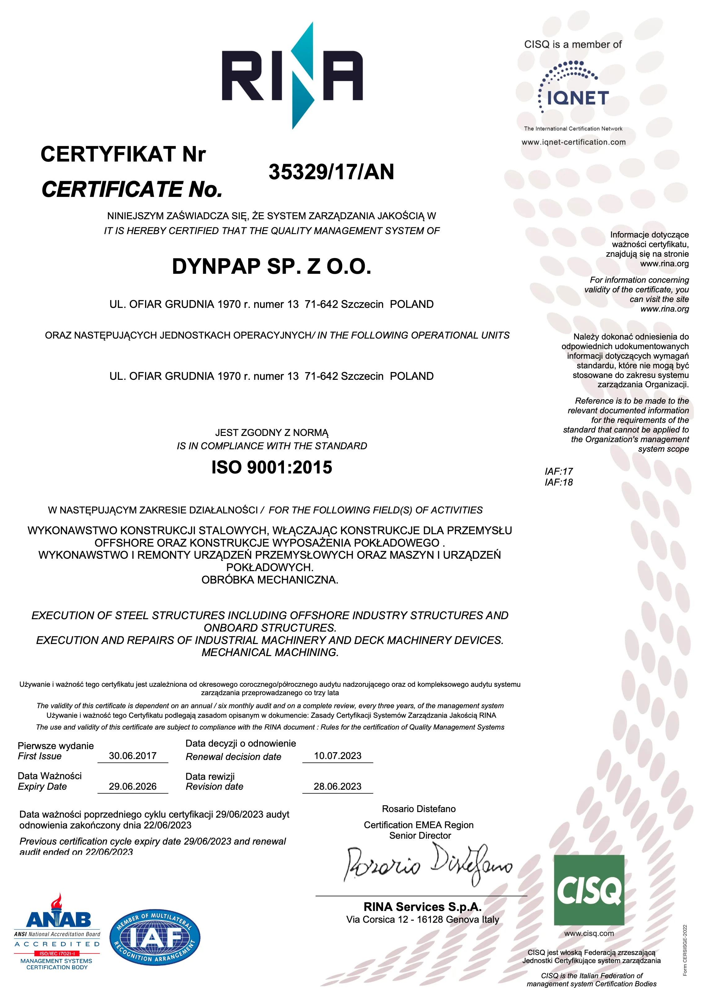 Certyfikat zgodności systemu zarządzania jakością z normą ISO 9001:2015